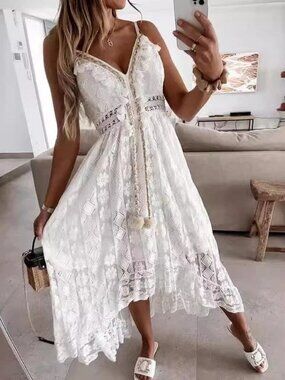 Women's Crochet Lace Maxi Dress Spaghetti Strap V Neck Cami Beach Boho Sundress
